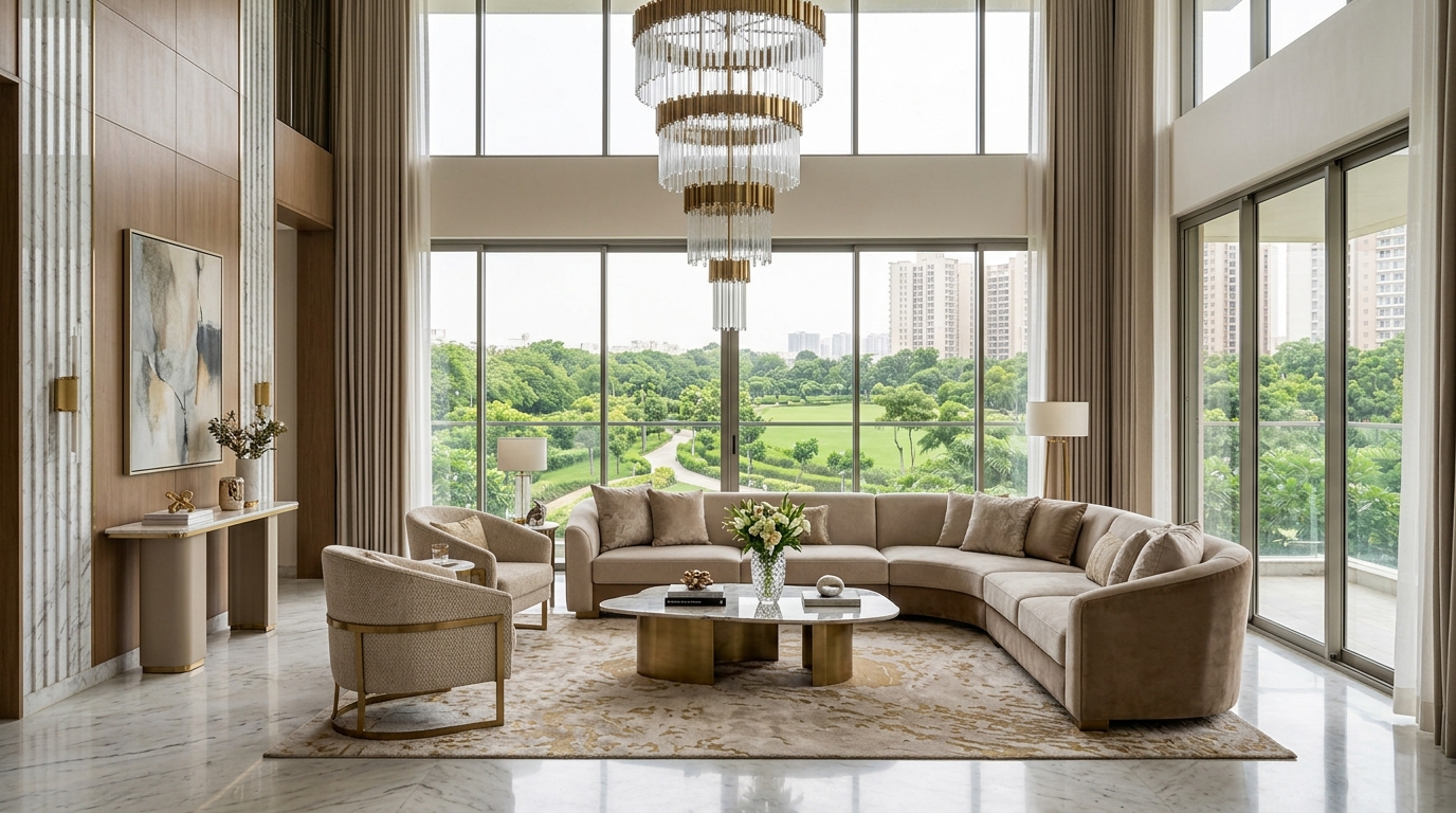 Prestige Sector 150 Noida — Double-Height Palatial Living Room Interior with Italian Marble Flooring and Panoramic Balcony Views