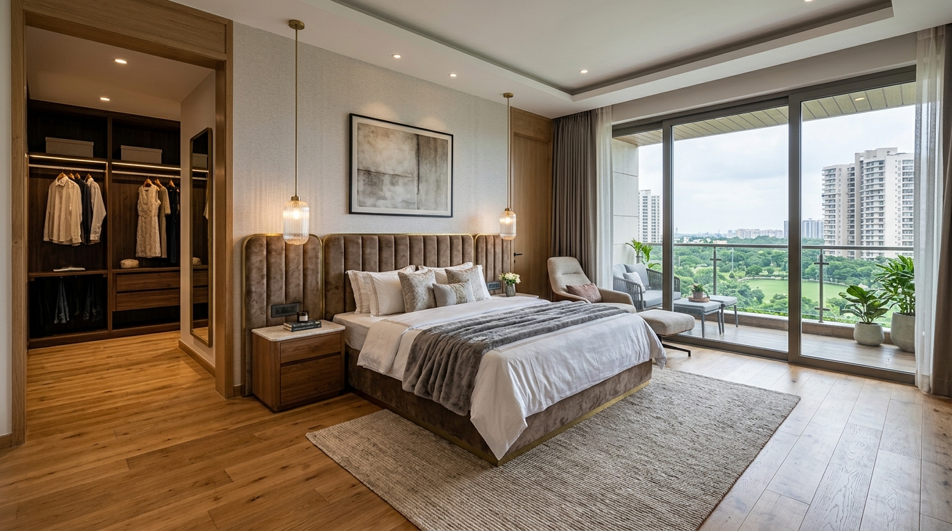 Prestige Sector 150 Noida — Ultra-Luxury Master Bedroom Suite with Hardwood Floors, Walk-In Wardrobe and Private Sundeck